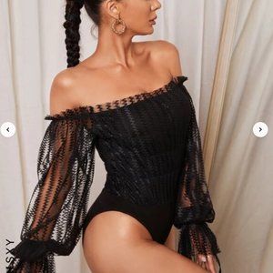 SHEIN Off the Shoulder Flouncy Sleeve Chevron Mesh Bodysuit - Sz L